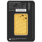 10oz Perth Mint gold minted bar – obverse in assay packaging