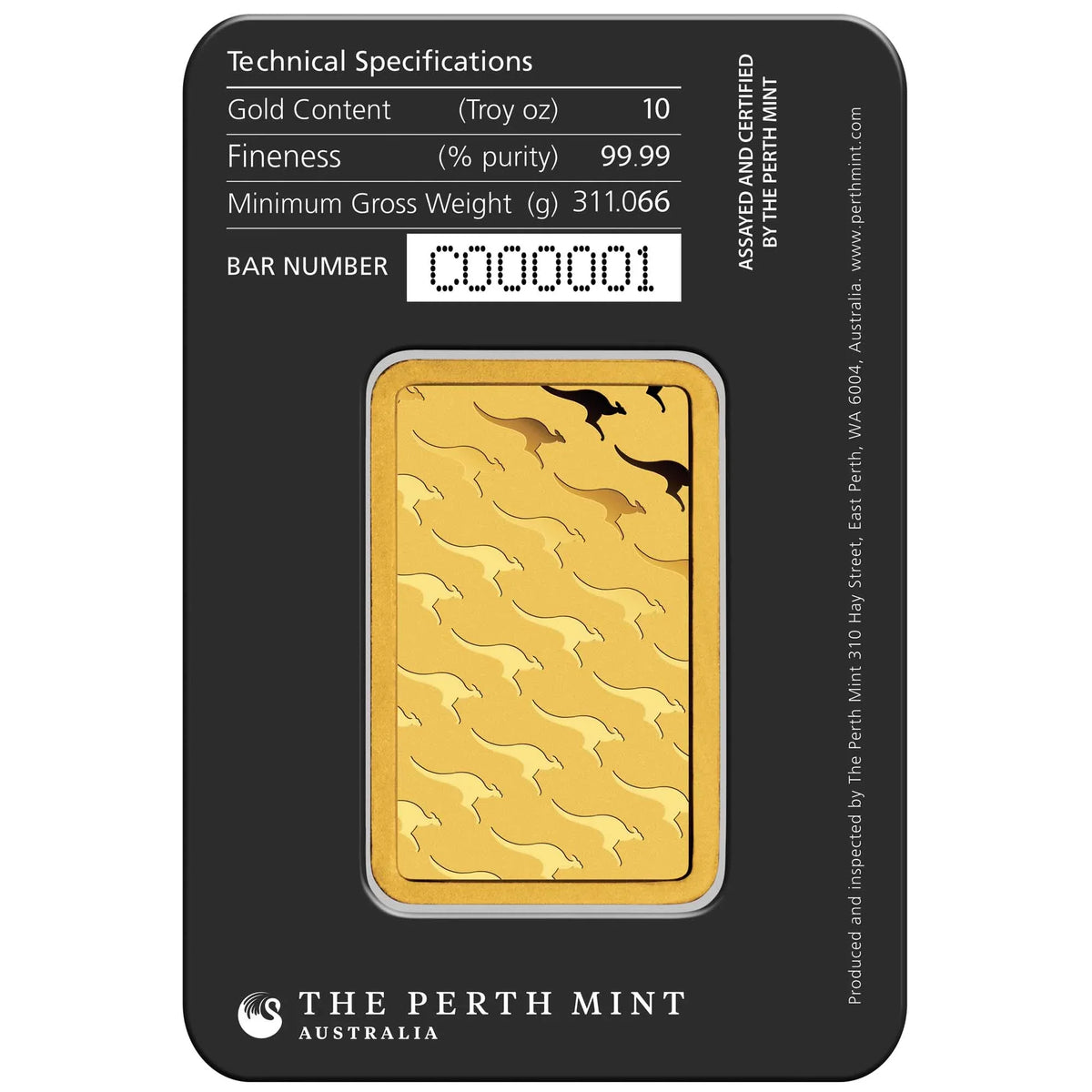 10oz Perth Mint gold minted bar – obverse in assay packaging