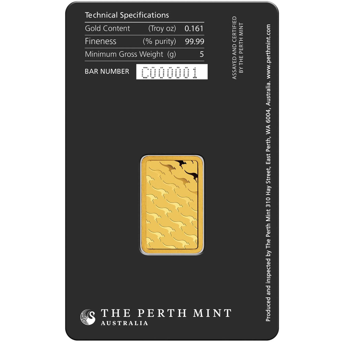 5g Perth Mint gold minted bar – obverse in assay packaging