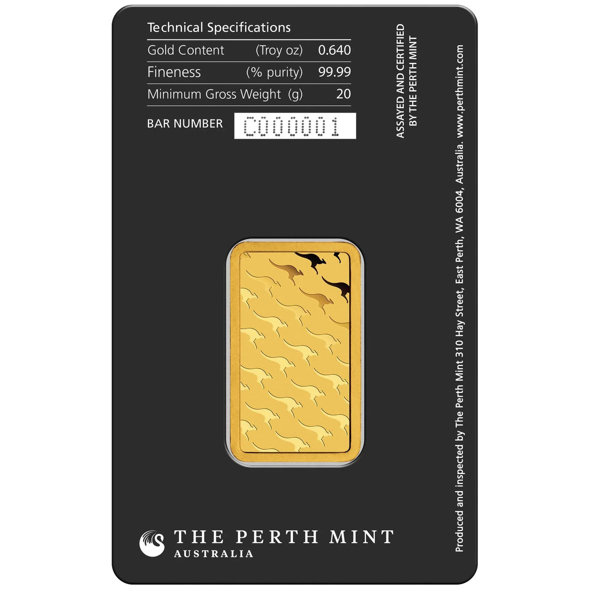 20g Perth Mint gold minted bar – obverse in assay packaging