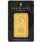 50g Perth Mint gold minted bar – reverse in assay packaging