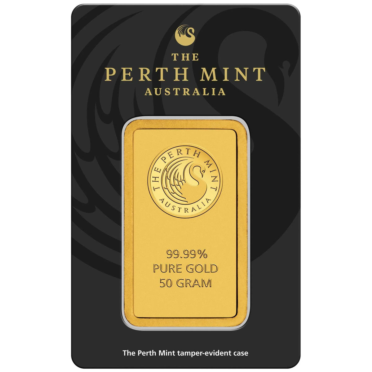 50g Perth Mint gold minted bar – reverse in assay packaging