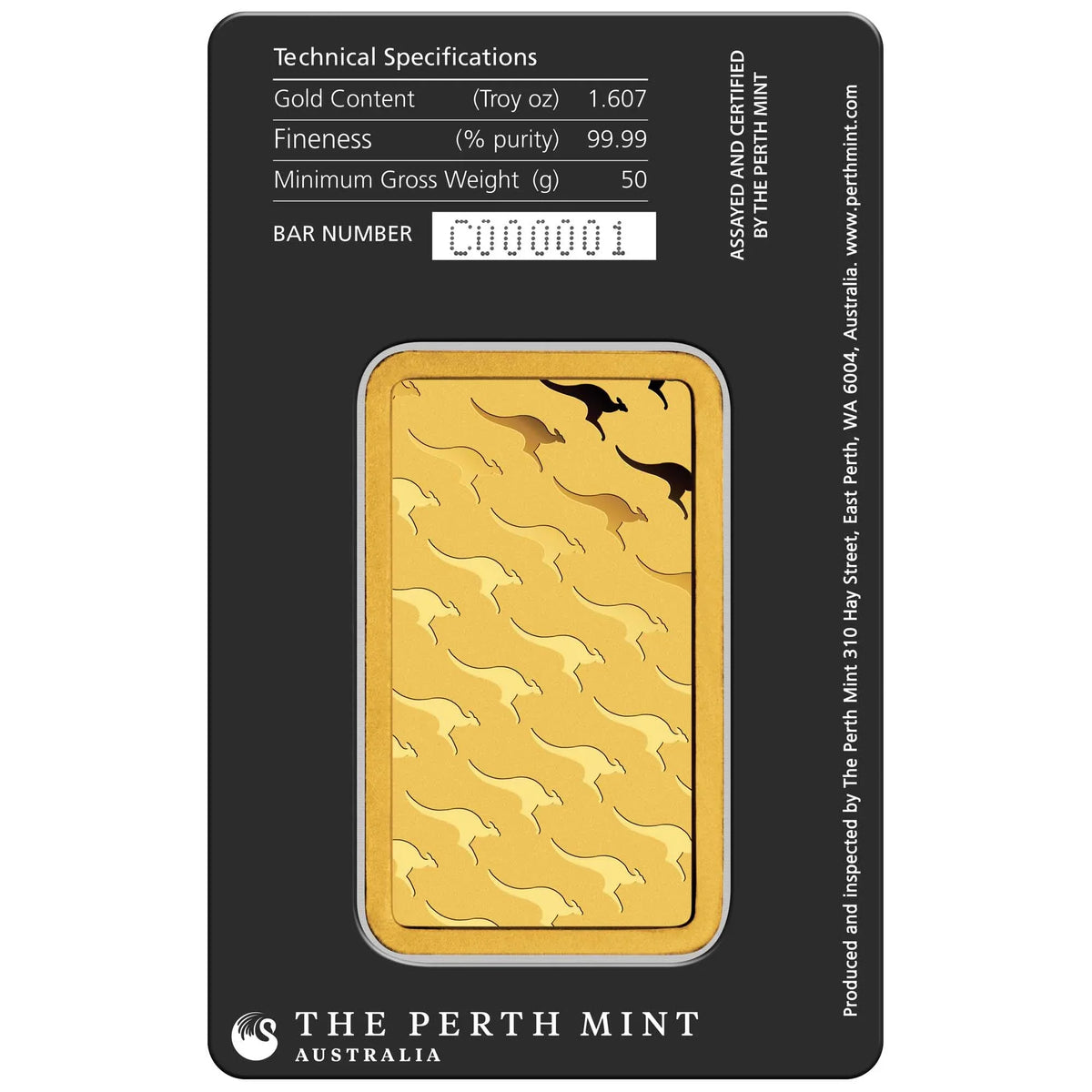 50g Perth Mint gold minted bar – obverse in assay packaging