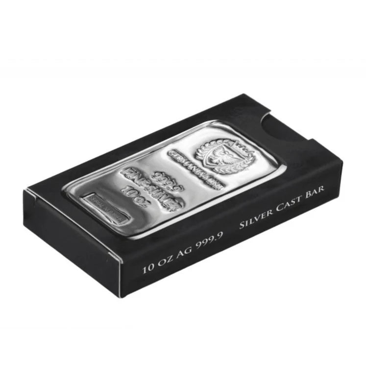 10oz Germania Mint silver cast bar with presentation box
