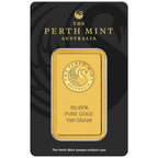 100g Perth Mint gold minted bar – reverse in assay packaging