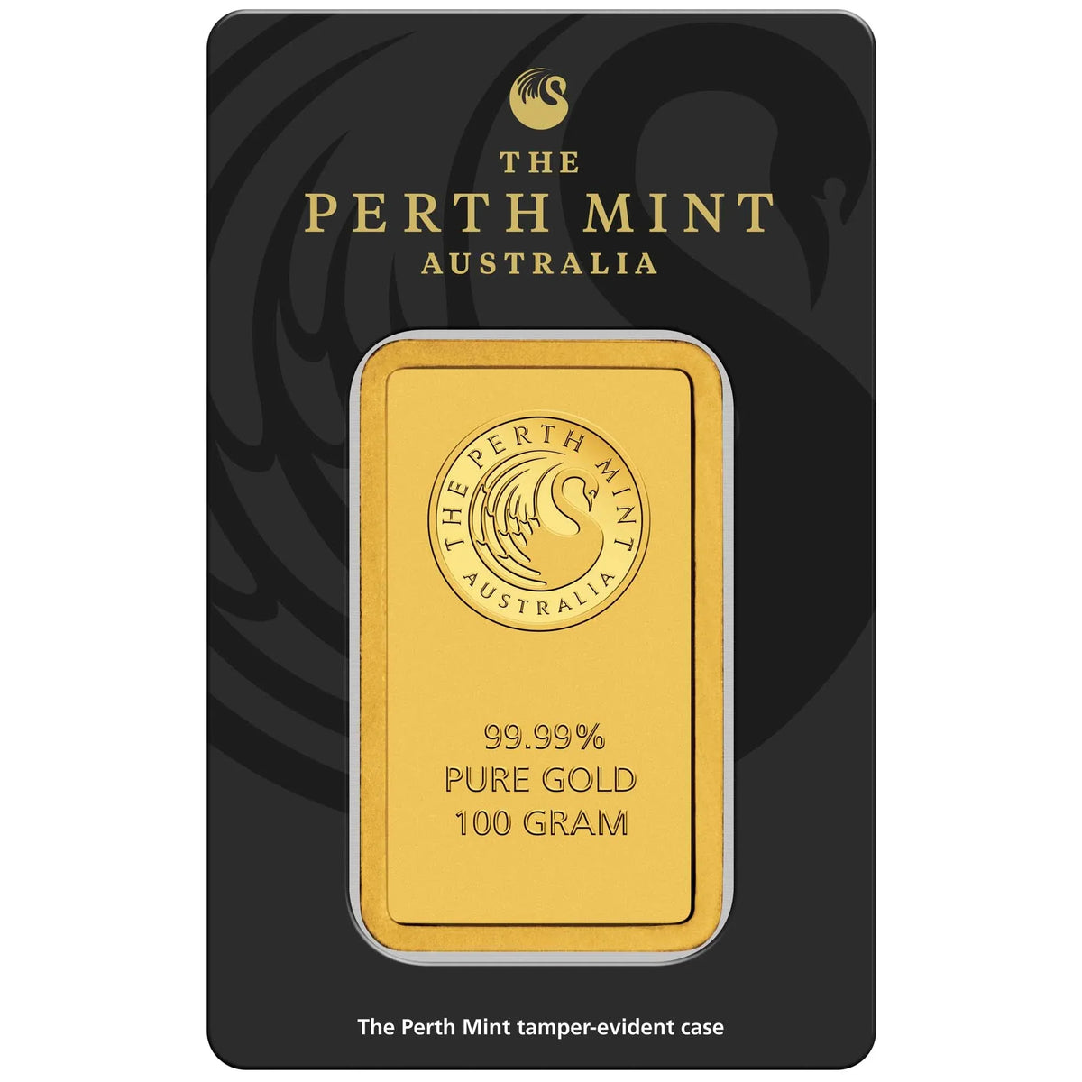 100g Perth Mint gold minted bar – reverse in assay packaging