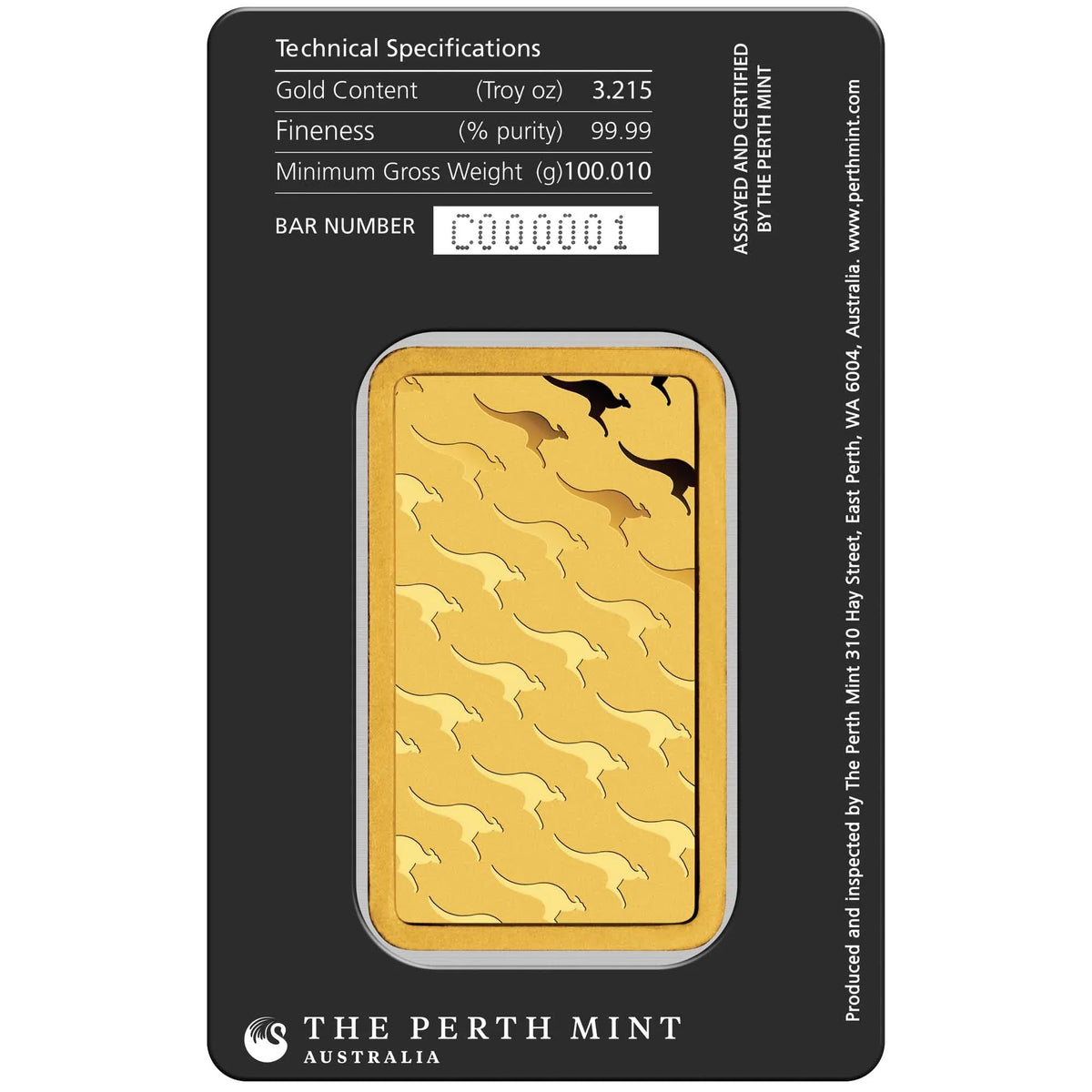 100g Perth Mint gold minted bar – obverse in assay packaging
