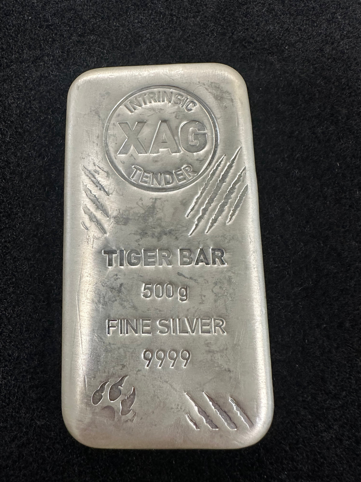 500g Intrinsic Tender Tiger silver cast bar – front