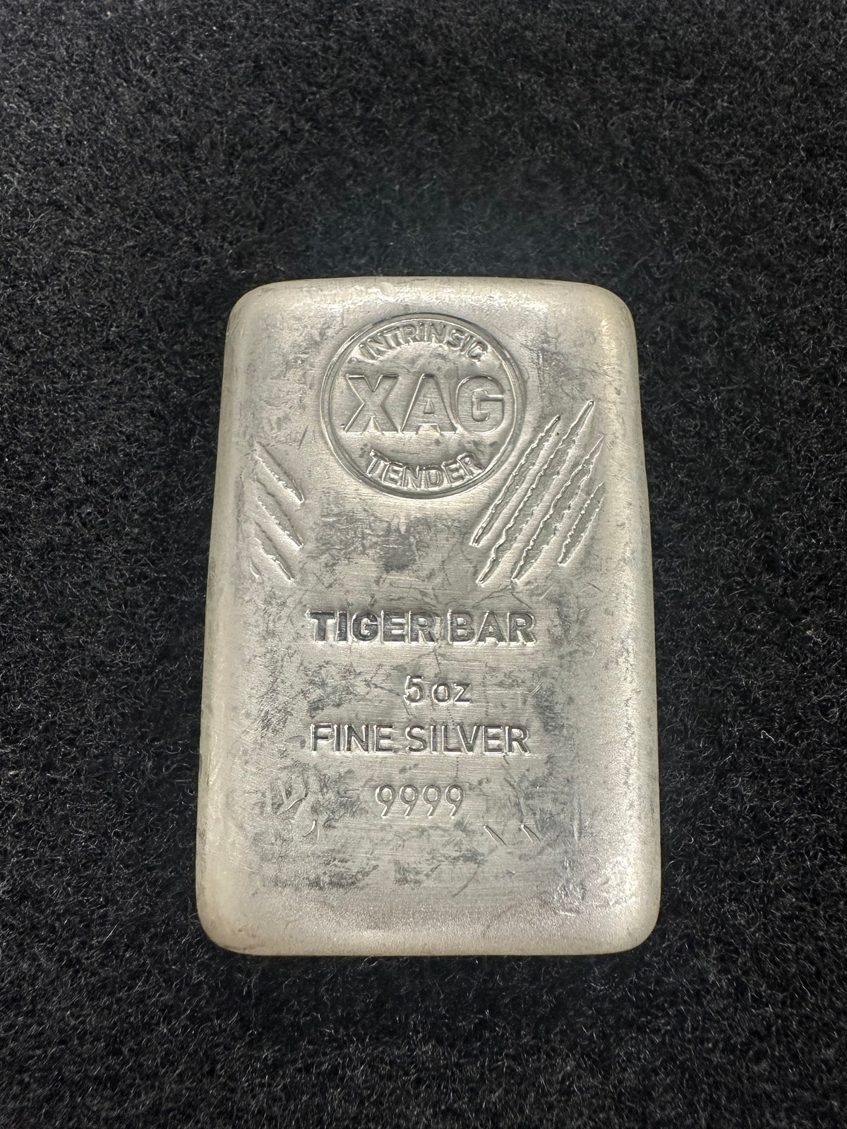 5oz Intrinsic Tender Tiger silver cast bar – front