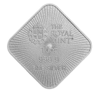 A 10 oz fine silver coin from The Royal Mint, shown from the back with a diamond-shaped orientation, featuring a sunburst design, crown crest, and purity marking of 999.9 on a plain white background.