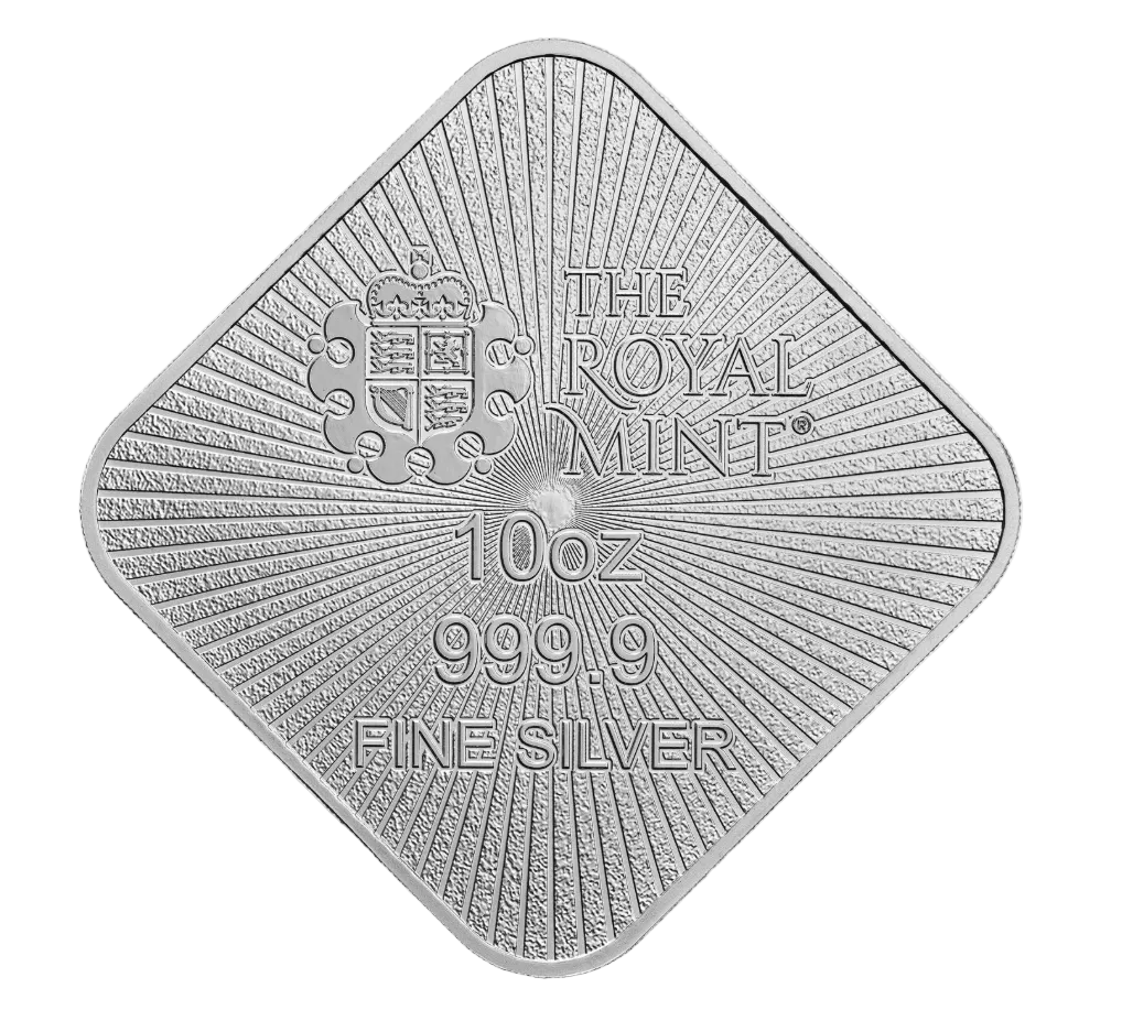 A 10 oz fine silver coin from The Royal Mint, shown from the back with a diamond-shaped orientation, featuring a sunburst design, crown crest, and purity marking of 999.9 on a plain white background.