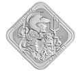 A silver-colored commemorative coin featuring a diamond-shaped border and an embossed profile of a helmeted figure holding a trident, with the words 'BRITAIN' and 'LIBERTY' visible on a plain white background.