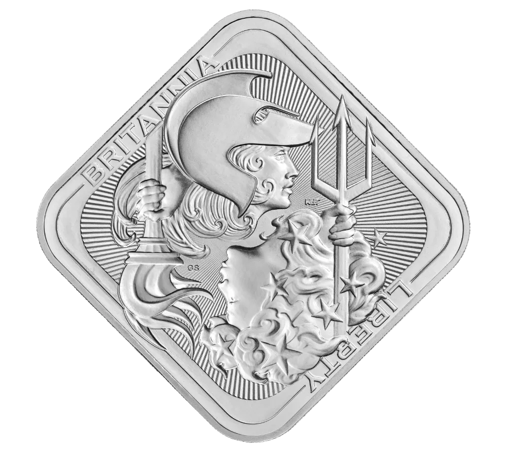 A silver-colored commemorative coin featuring a diamond-shaped border and an embossed profile of a helmeted figure holding a trident, with the words 'BRITAIN' and 'LIBERTY' visible on a plain white background.
