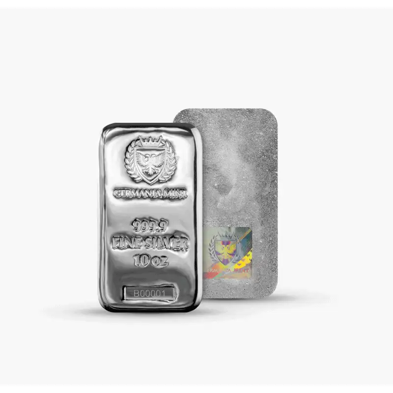 10oz Germania Mint silver cast bar – alternate view